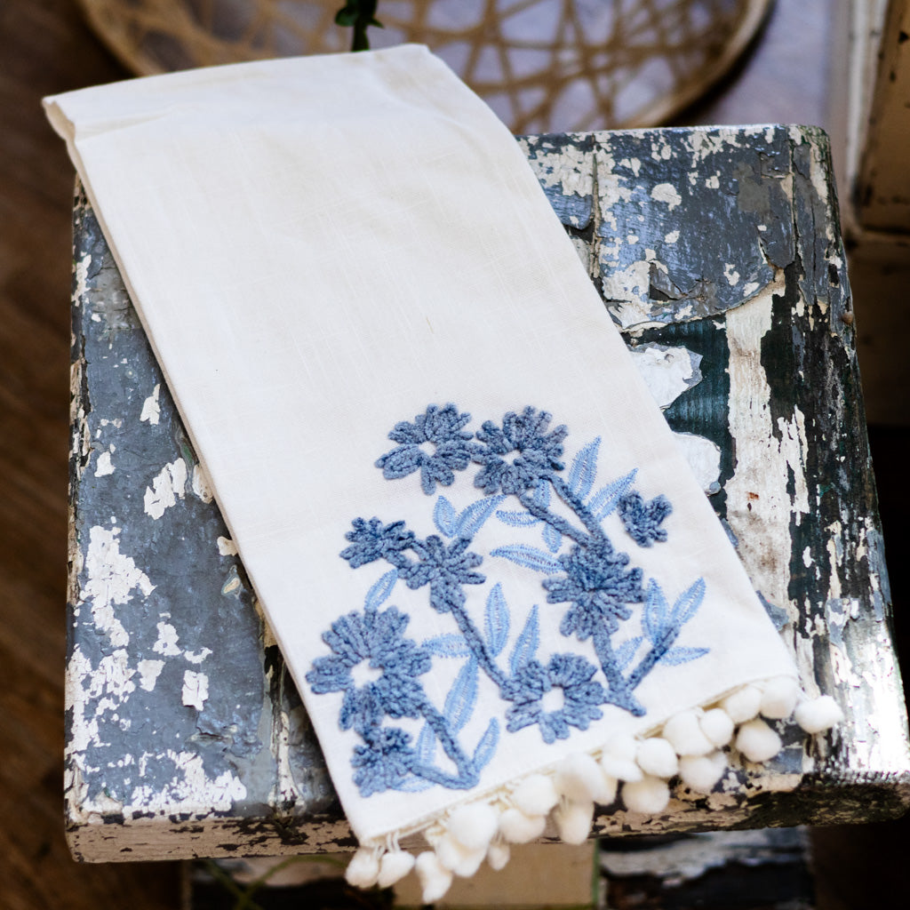 Hand Towel White Linen and Blue Floral