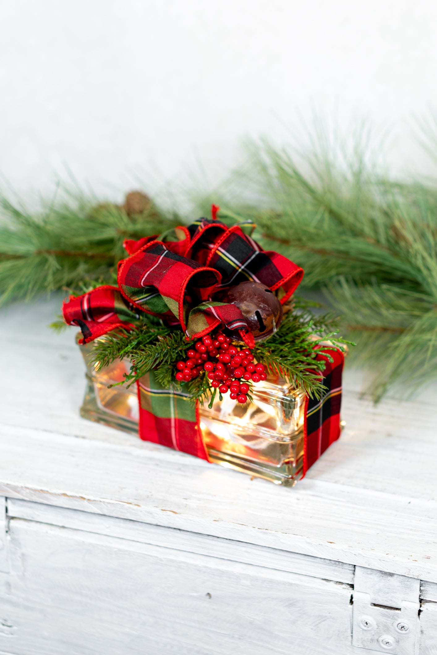 Red & Green Plaid Jingle Bell Holiday Horizontal Light Block