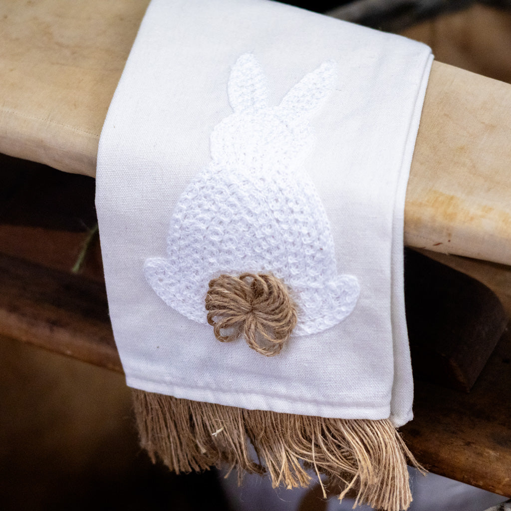 Tea Towel with White Embroidered Easter Bunny