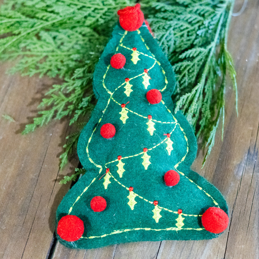 Felt Christmas Tree with Holly Garland Ornament