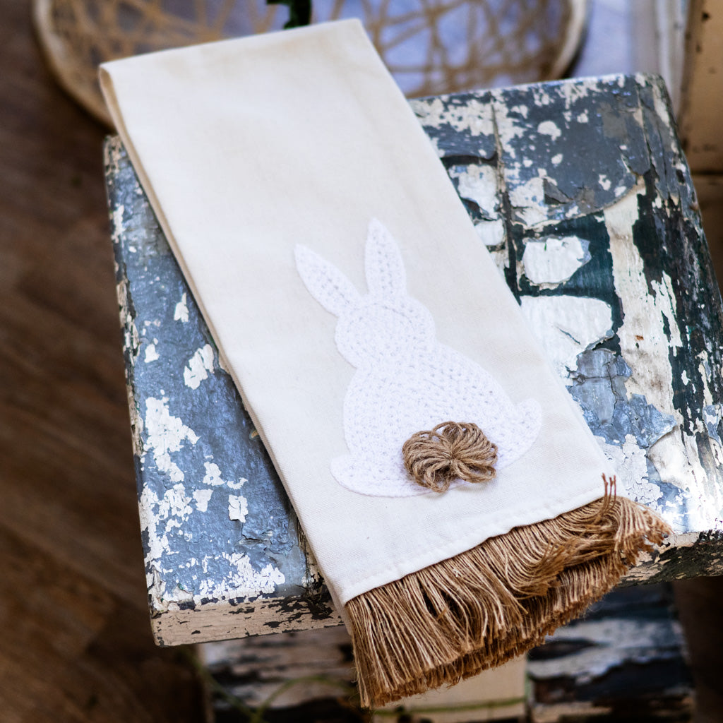 Tea Towel with White Embroidered Easter Bunny