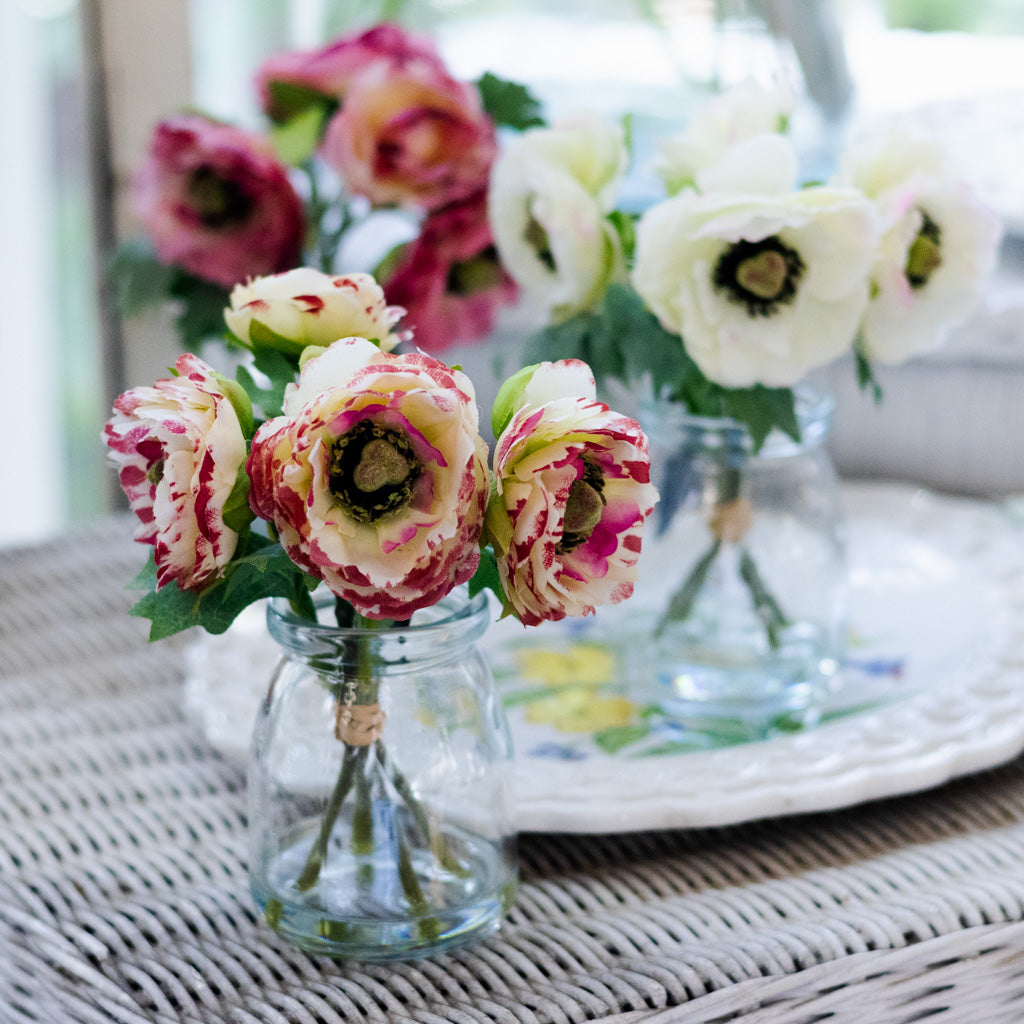 White with Pink Ranunculus Bouquet in Glass Vase with Faux Water