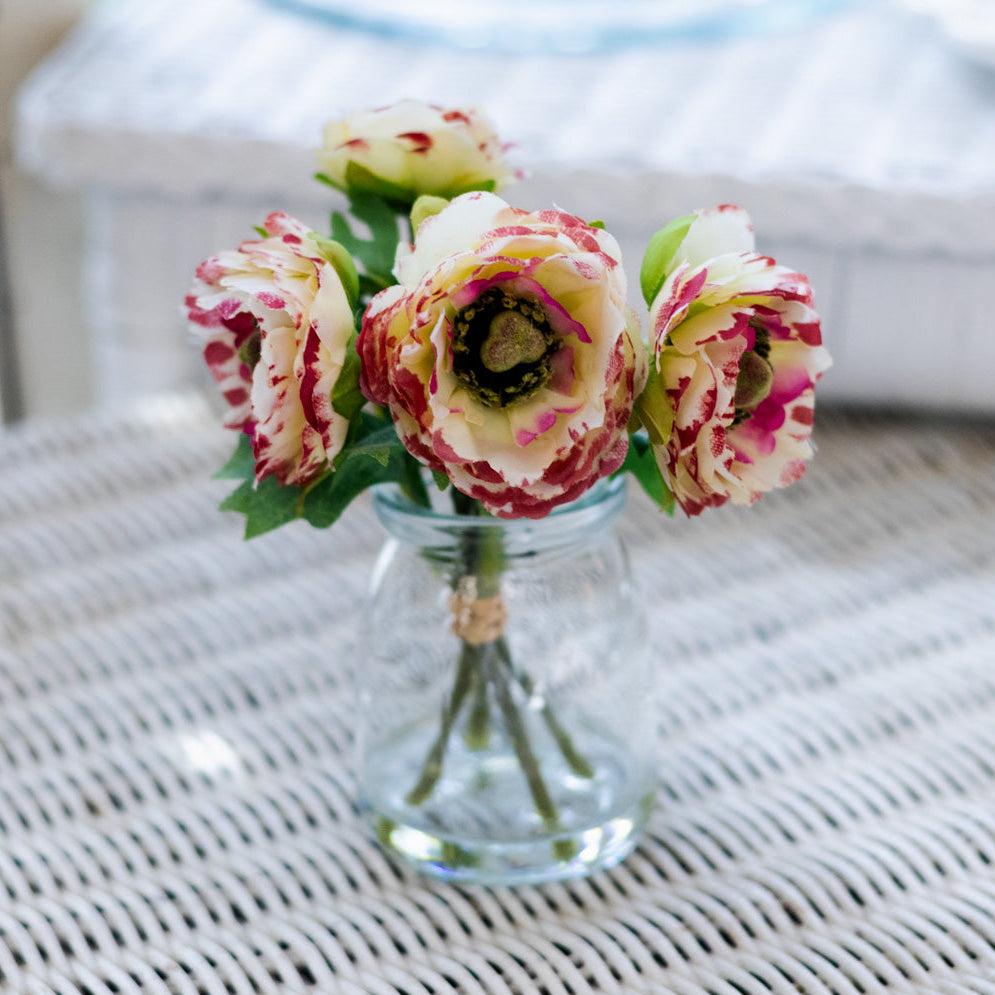 White with Pink Ranunculus Bouquet in Glass Vase with Faux Water