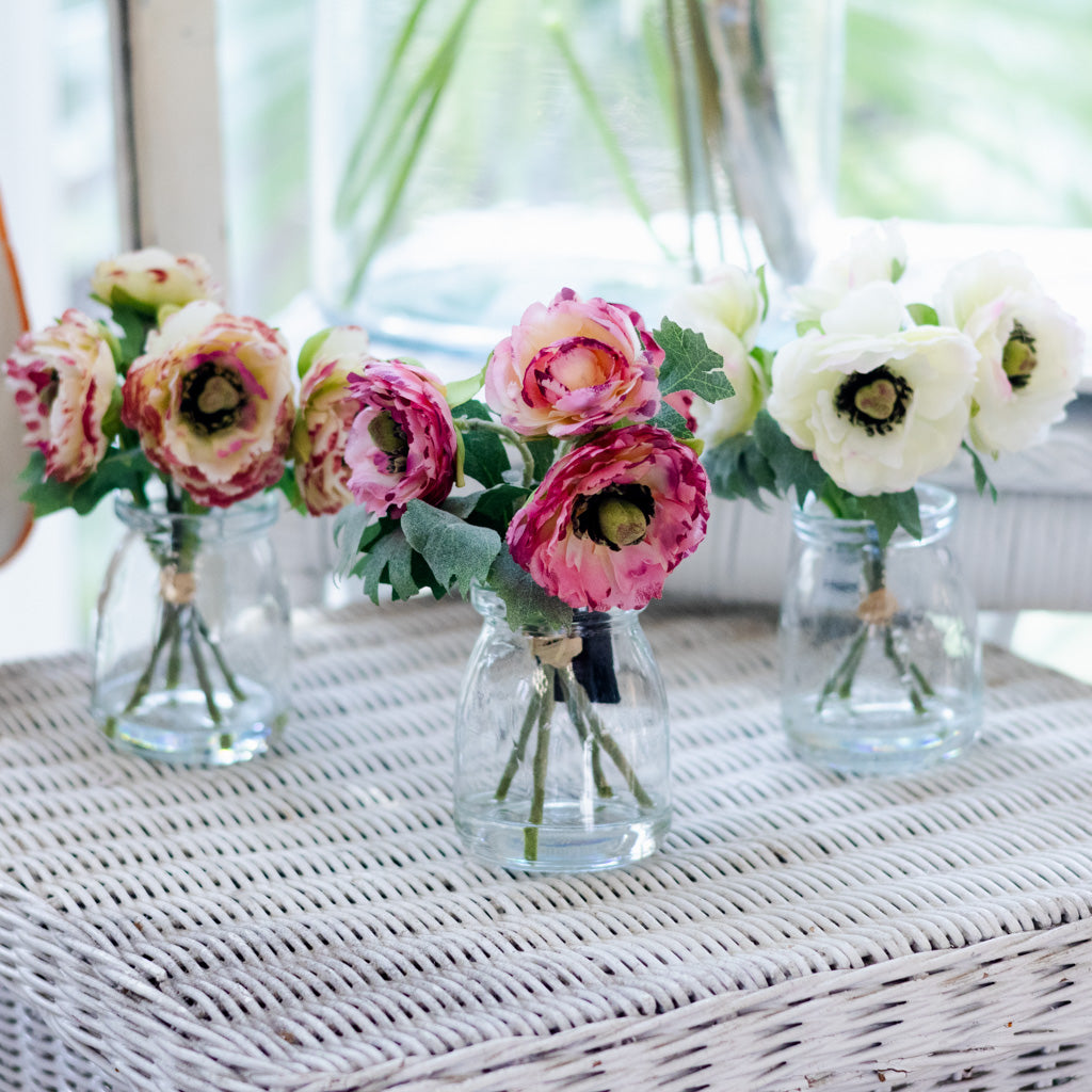 Pink Ranunculus Bouquet in Glass Vase with Faux Water