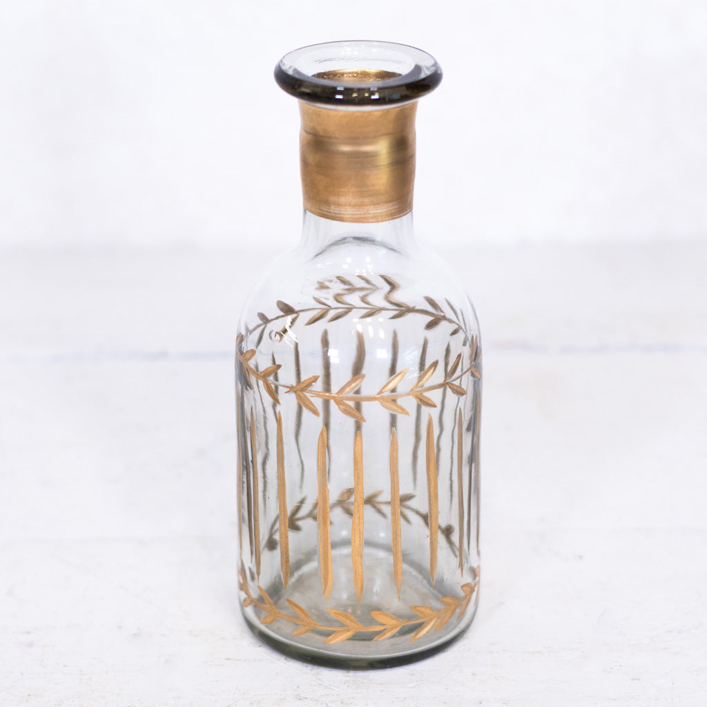 Gold Gilded Leaf Etched Clear Glass Vase Tall