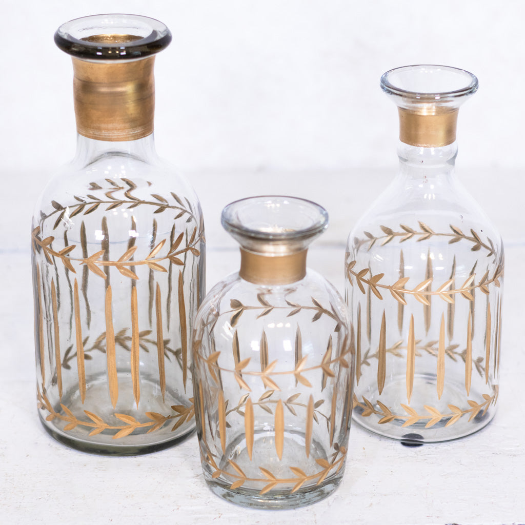 Gold Gilded Leaf Etched Clear Glass Vase Small