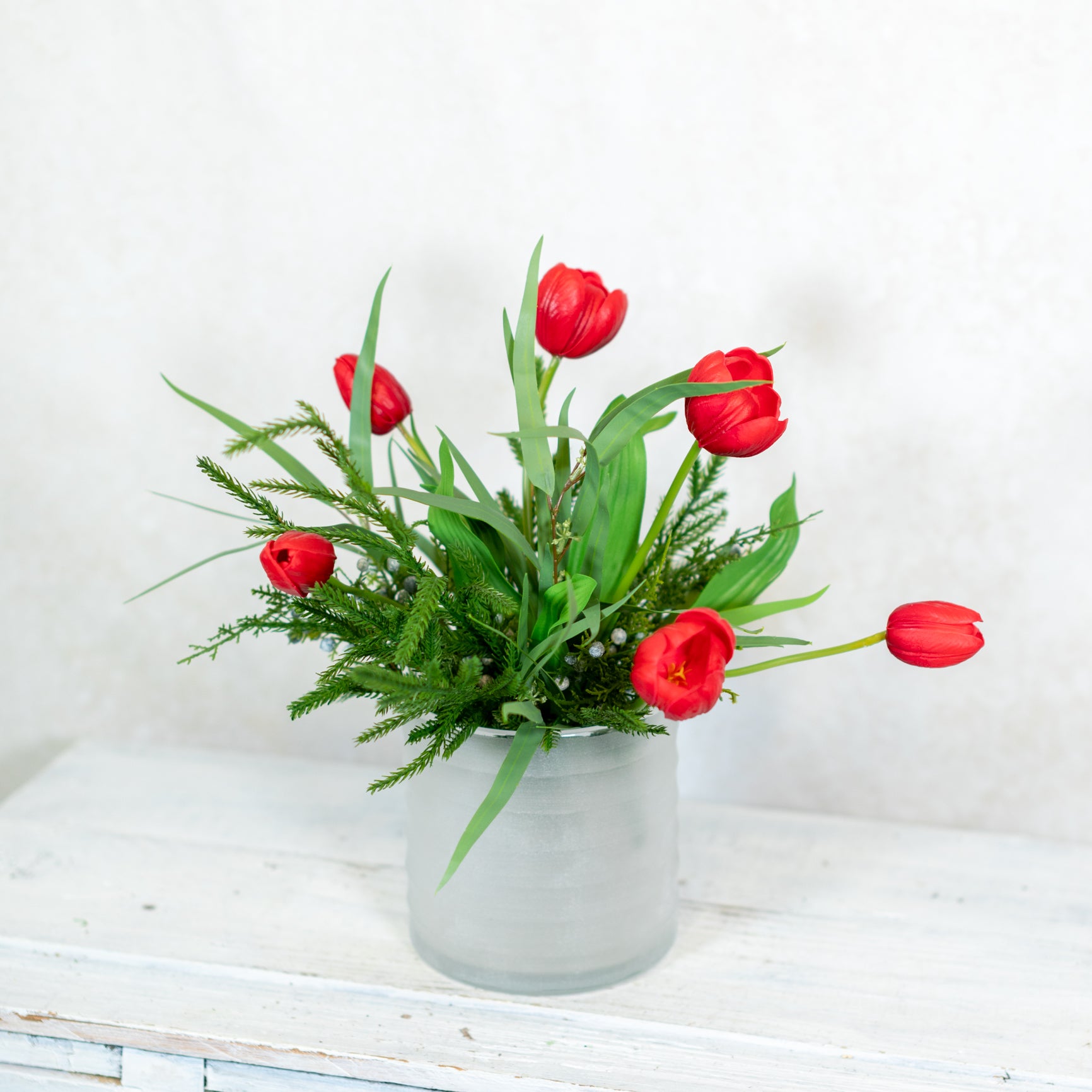 Red Tulip and Juniper Holiday Petite Bouquet Drop In