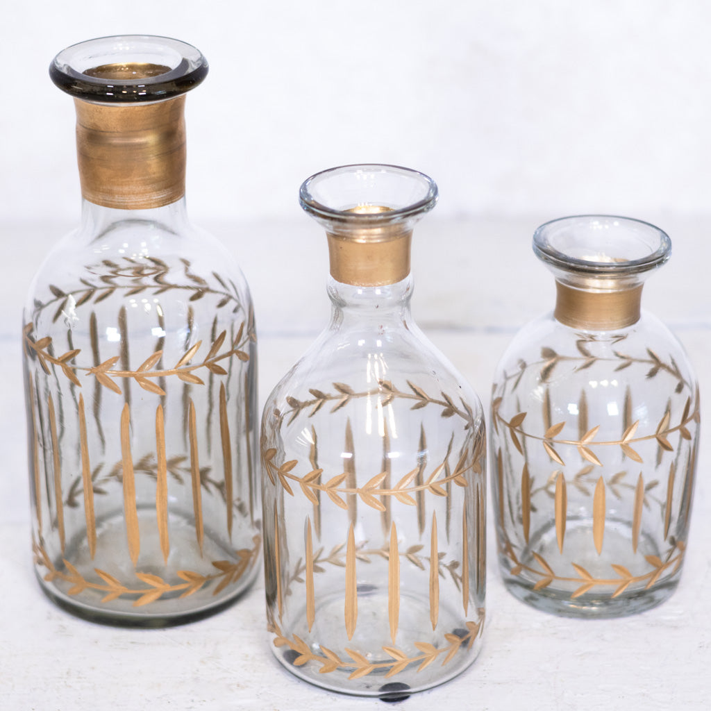 Gold Gilded Leaf Etched Clear Glass Vase Medium