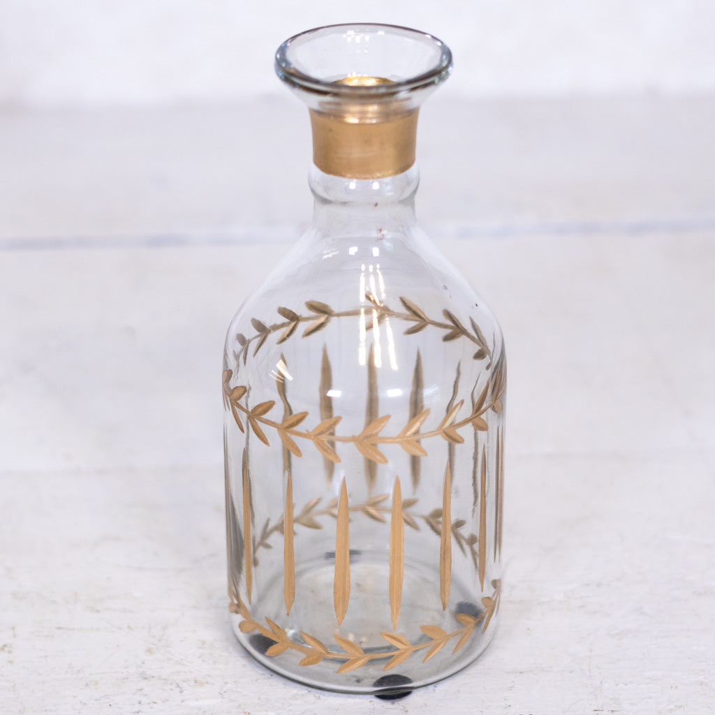 Gold Gilded Leaf Etched Clear Glass Vase Medium