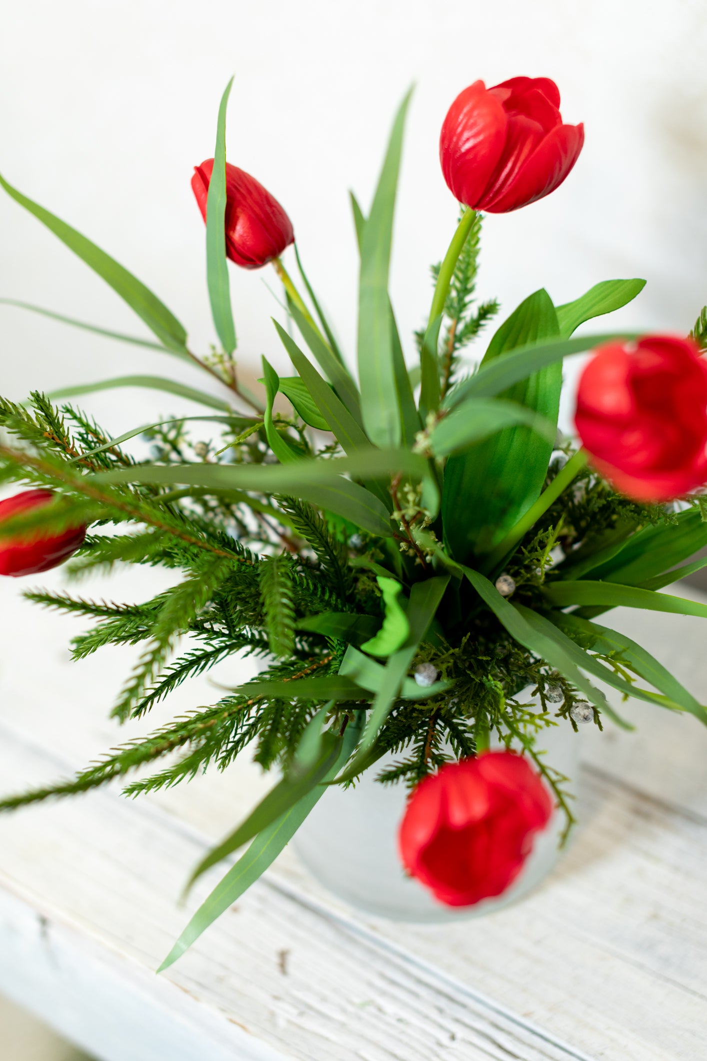 Red Tulip and Juniper Holiday Petite Bouquet Drop In