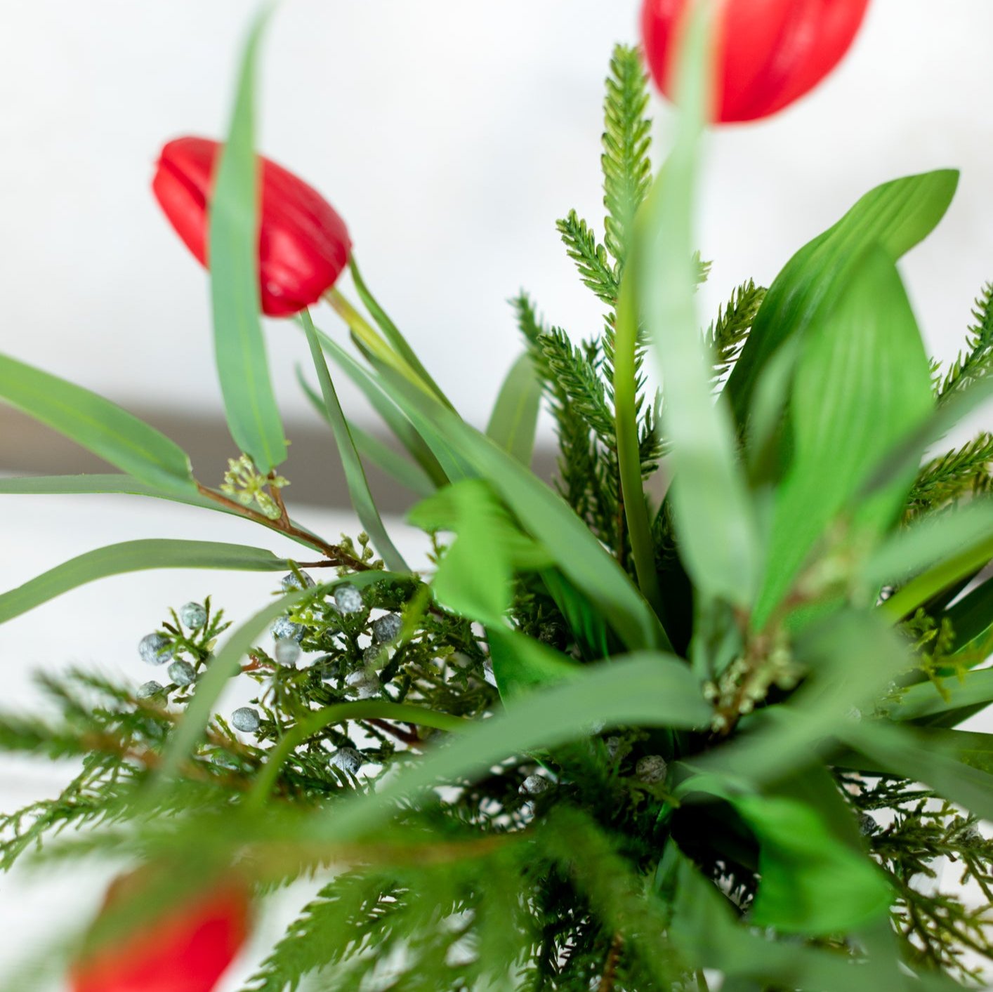 Red Tulip and Juniper Holiday Petite Bouquet Drop In