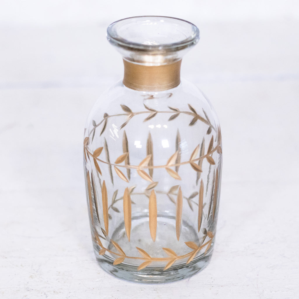 Gold Gilded Leaf Etched Clear Glass Vase Small