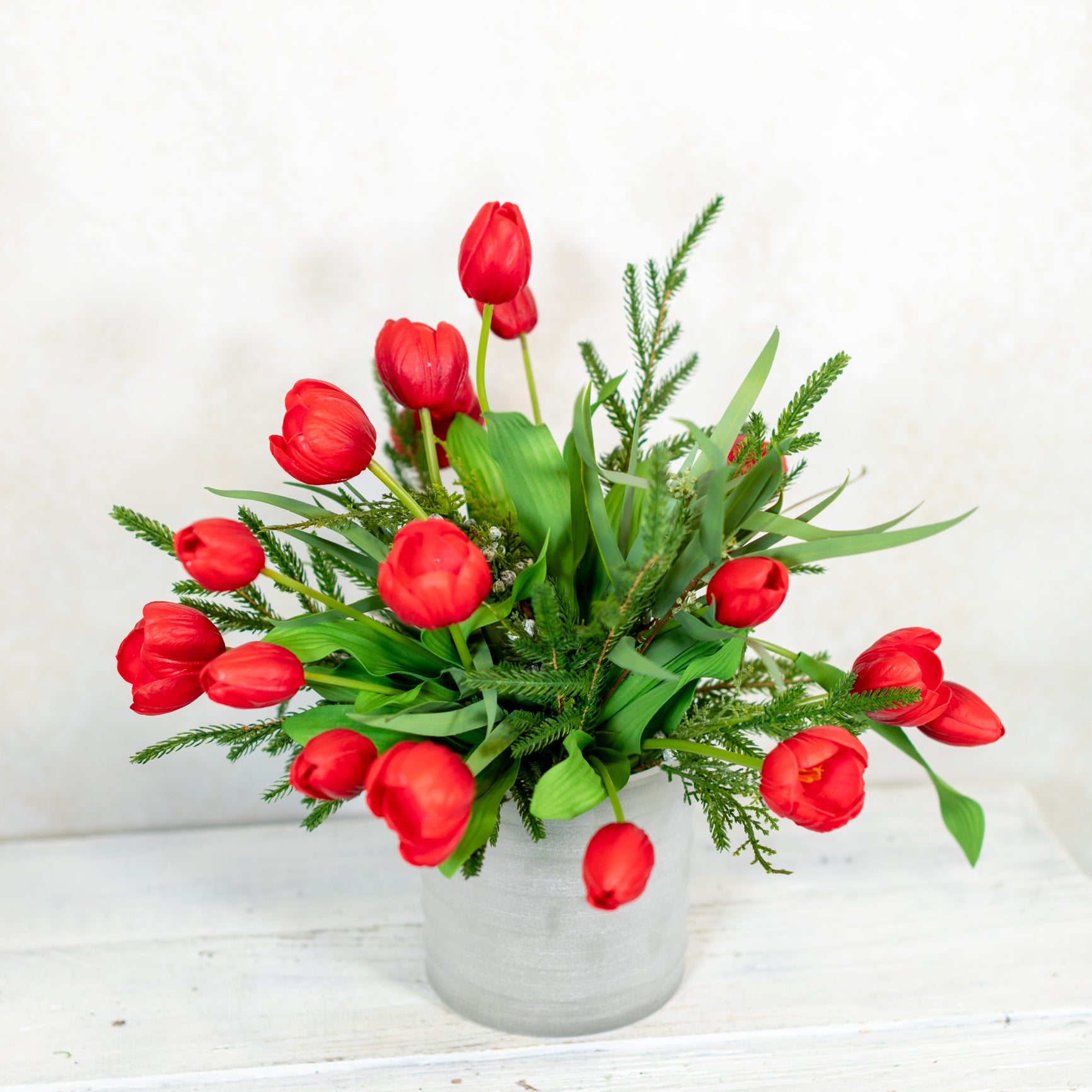 Red Tulip and Juniper Holiday Large Bouquet Drop In