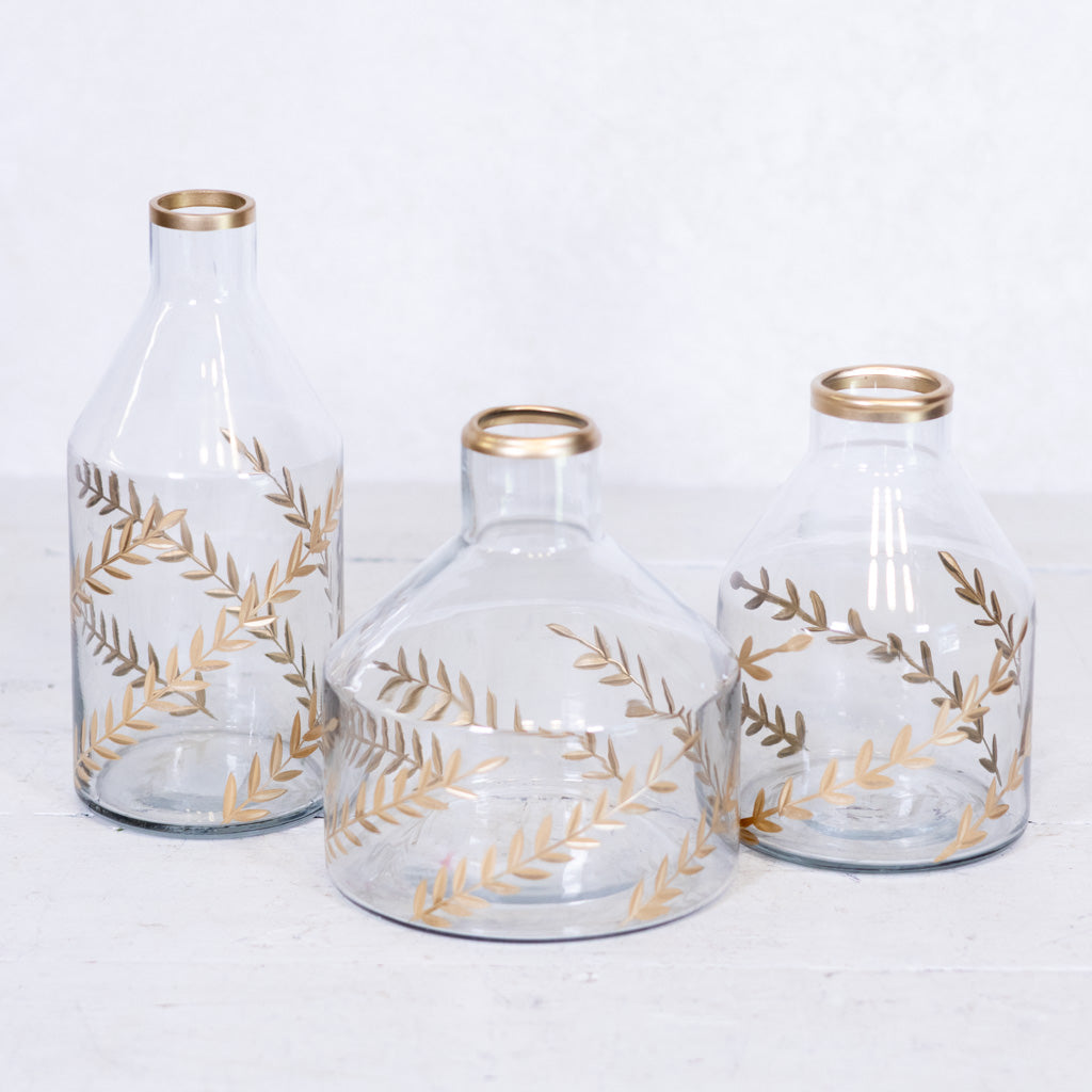 Gold Gilded Leaf Etched Clear Glass Vase Round