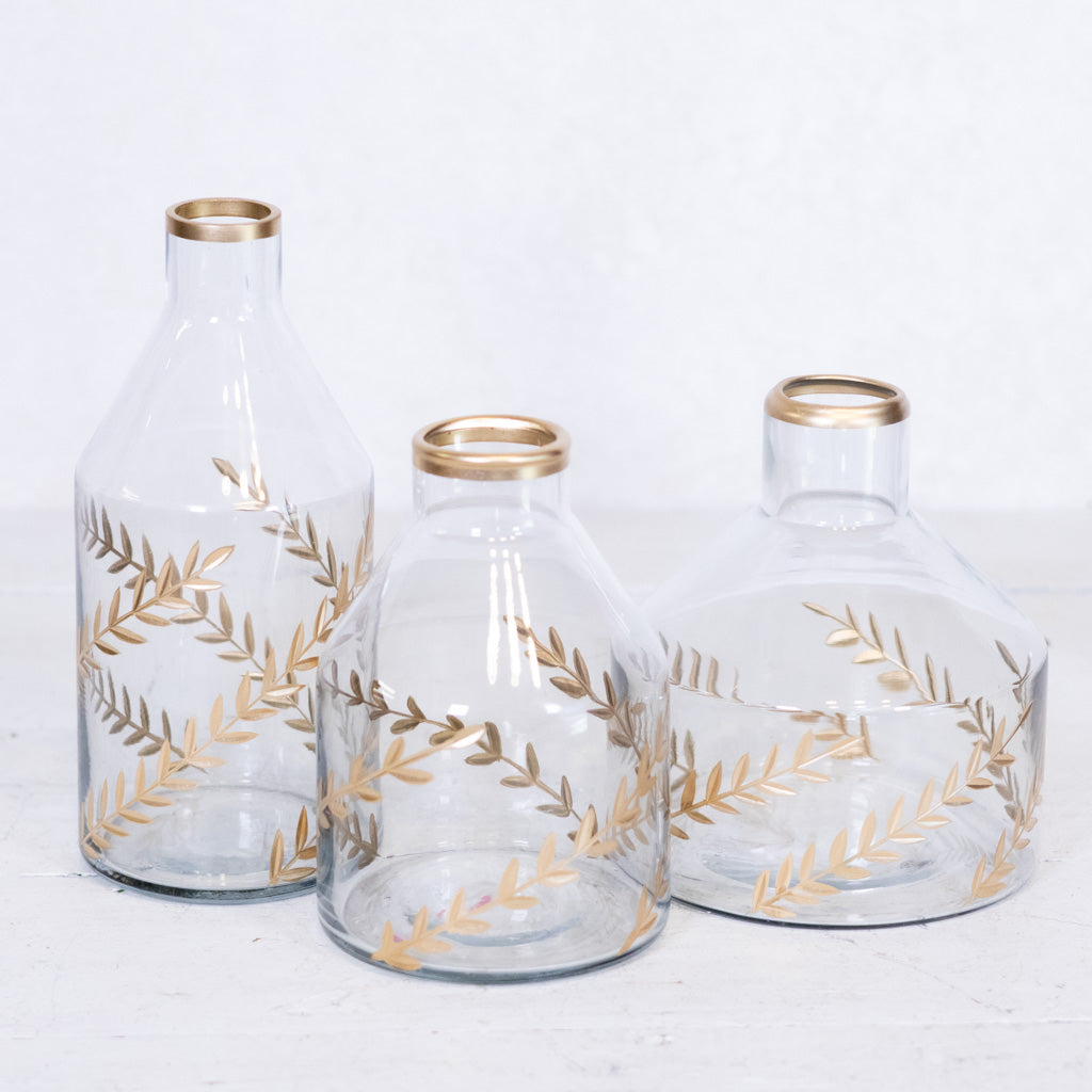 Gold Gilded Leaf Etched Clear Glass Vase Short