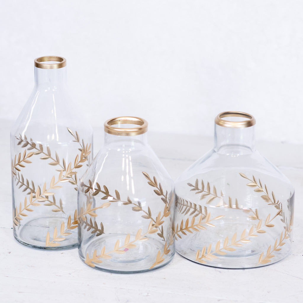 Gold Gilded Leaf Etched Clear Glass Vase Short