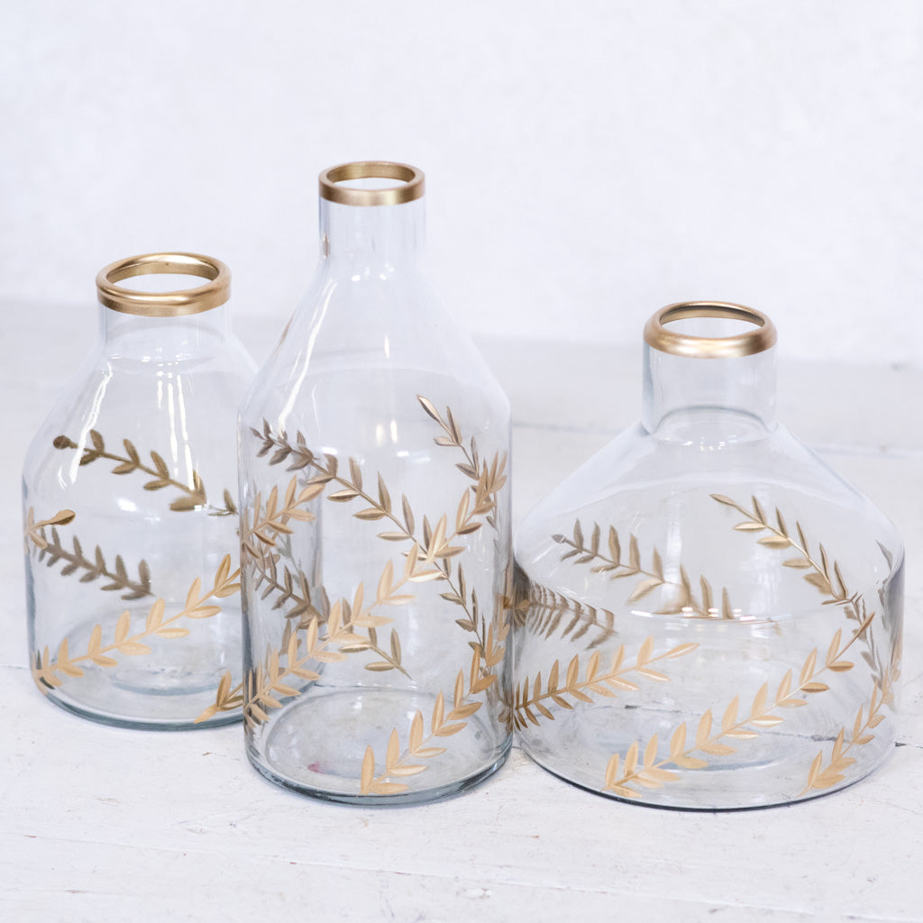 Gold Gilded Leaf Etched Clear Glass Vase Tall