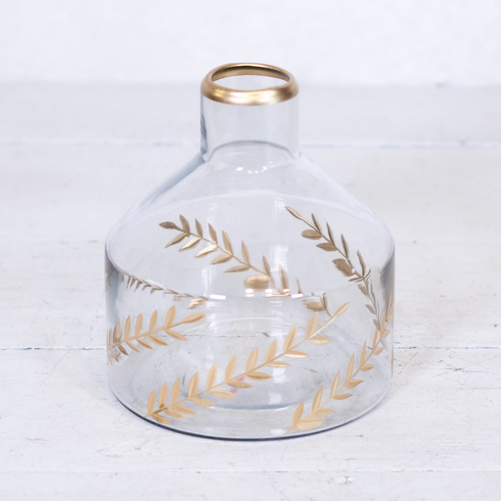 Gold Gilded Leaf Etched Clear Glass Vase Round