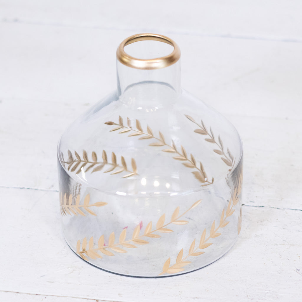 Gold Gilded Leaf Etched Clear Glass Vase Round