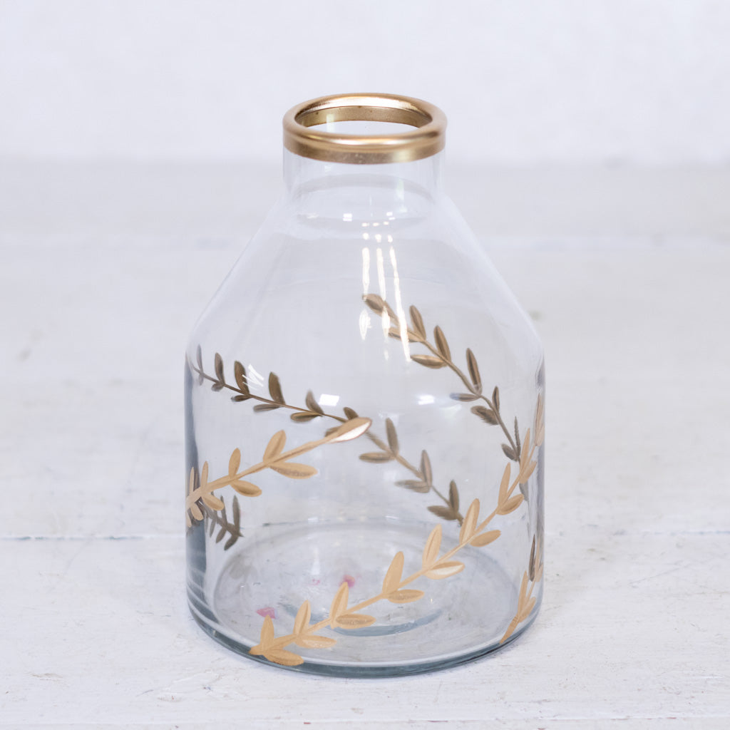 Gold Gilded Leaf Etched Clear Glass Vase Short