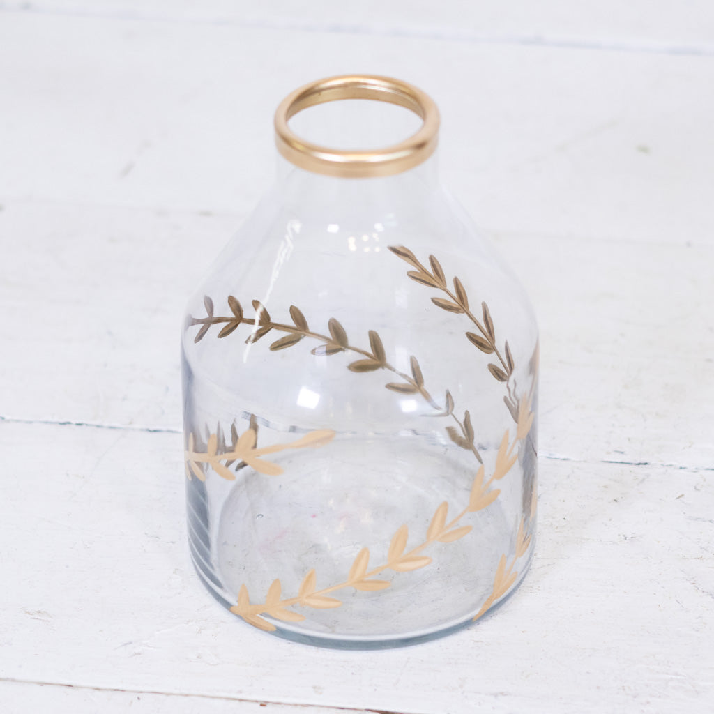 Gold Gilded Leaf Etched Clear Glass Vase Short