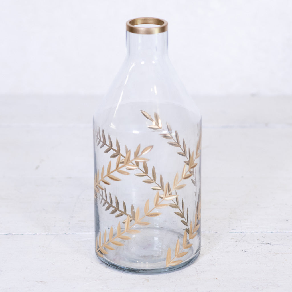 Gold Gilded Leaf Etched Clear Glass Vase Tall