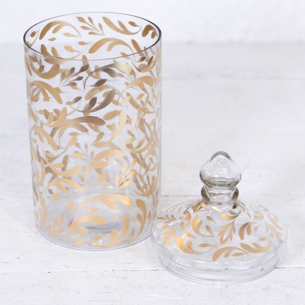 Glass Gold Leaf Pattern Container with Lid Tall