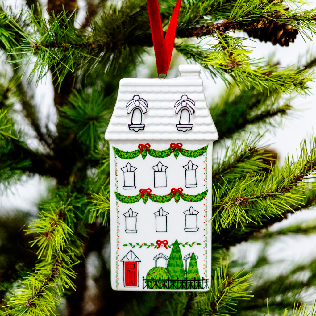 Dolomite Red House Door with Trees Ornament