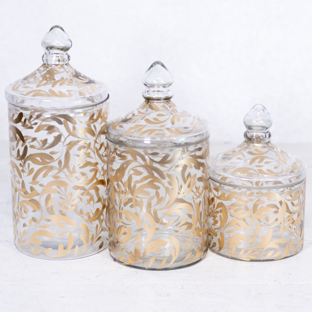 Glass Gold Leaf Pattern Container with Lid Medium
