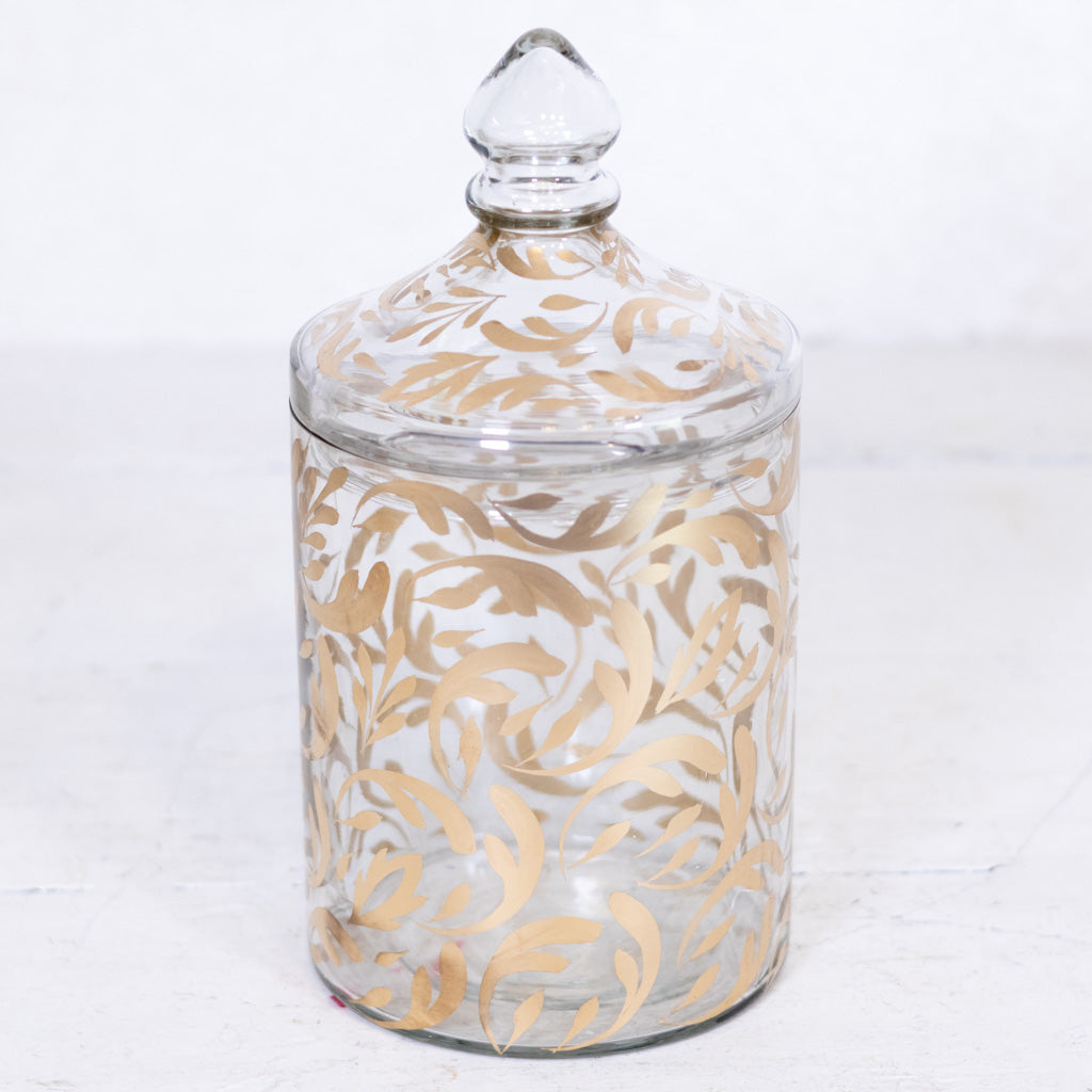 Glass Gold Leaf Pattern Container with Lid Medium