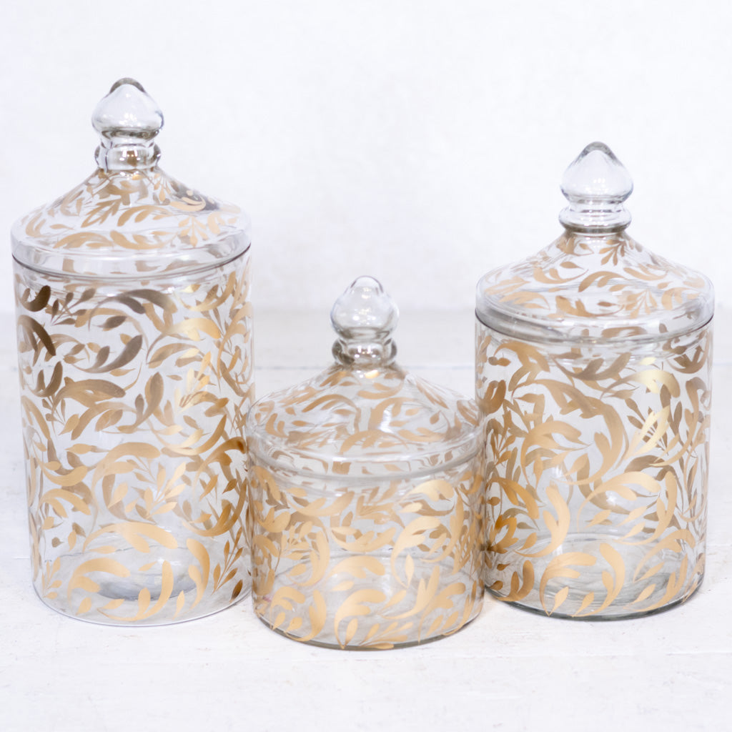 Glass Gold Leaf Pattern Container with Lid Small