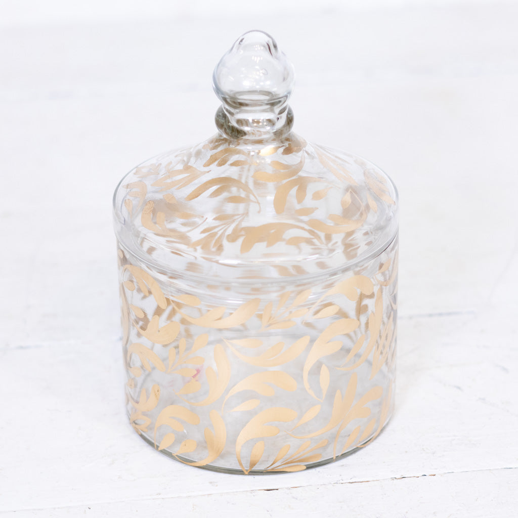 Glass Gold Leaf Pattern Container with Lid Small