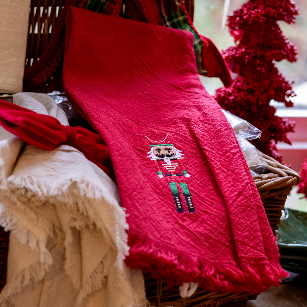Embroidered Nutcracker on Red Cotton Towel