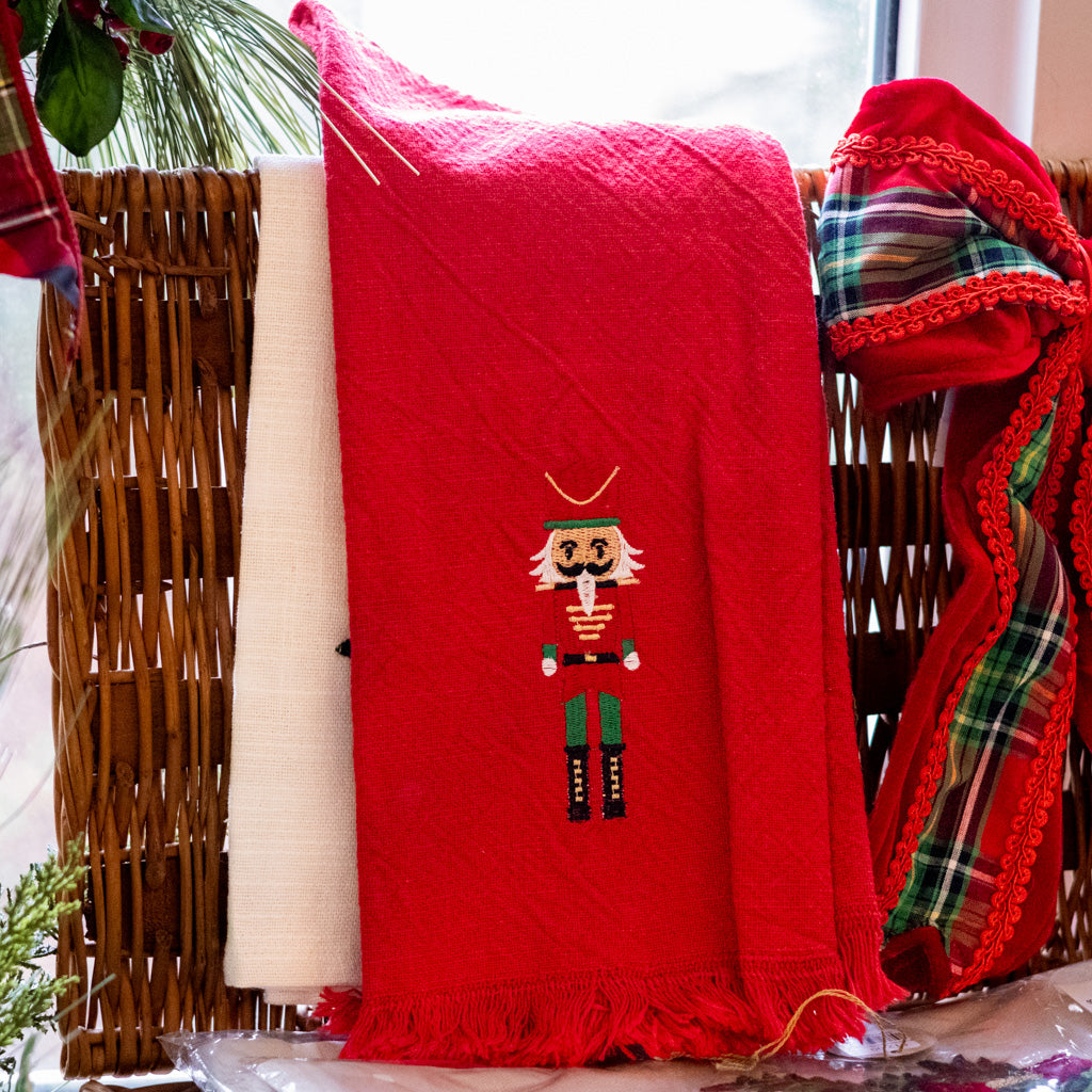 Embroidered Nutcracker on Red Cotton Towel