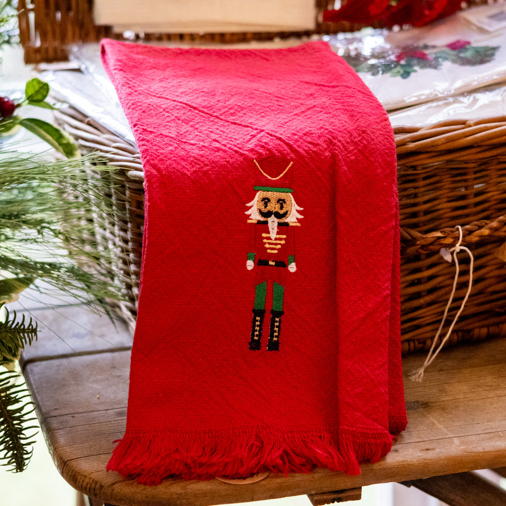 Embroidered Nutcracker on Red Cotton Towel