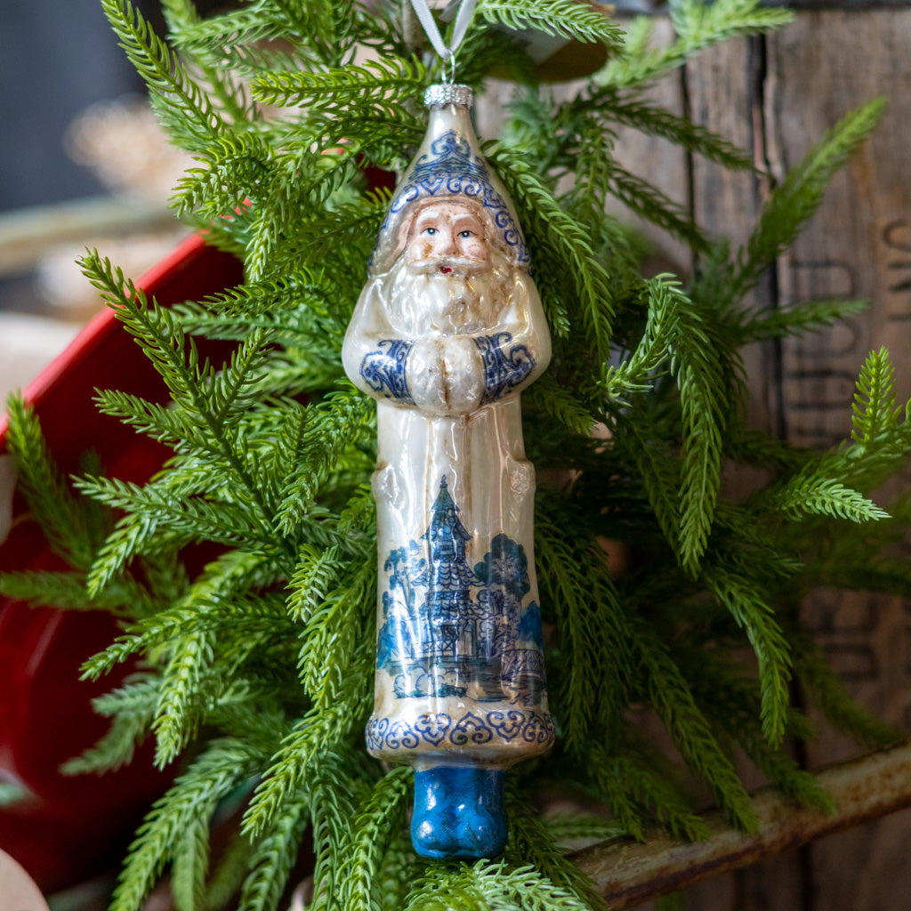 Glass Santa Cream and Blue Ornament