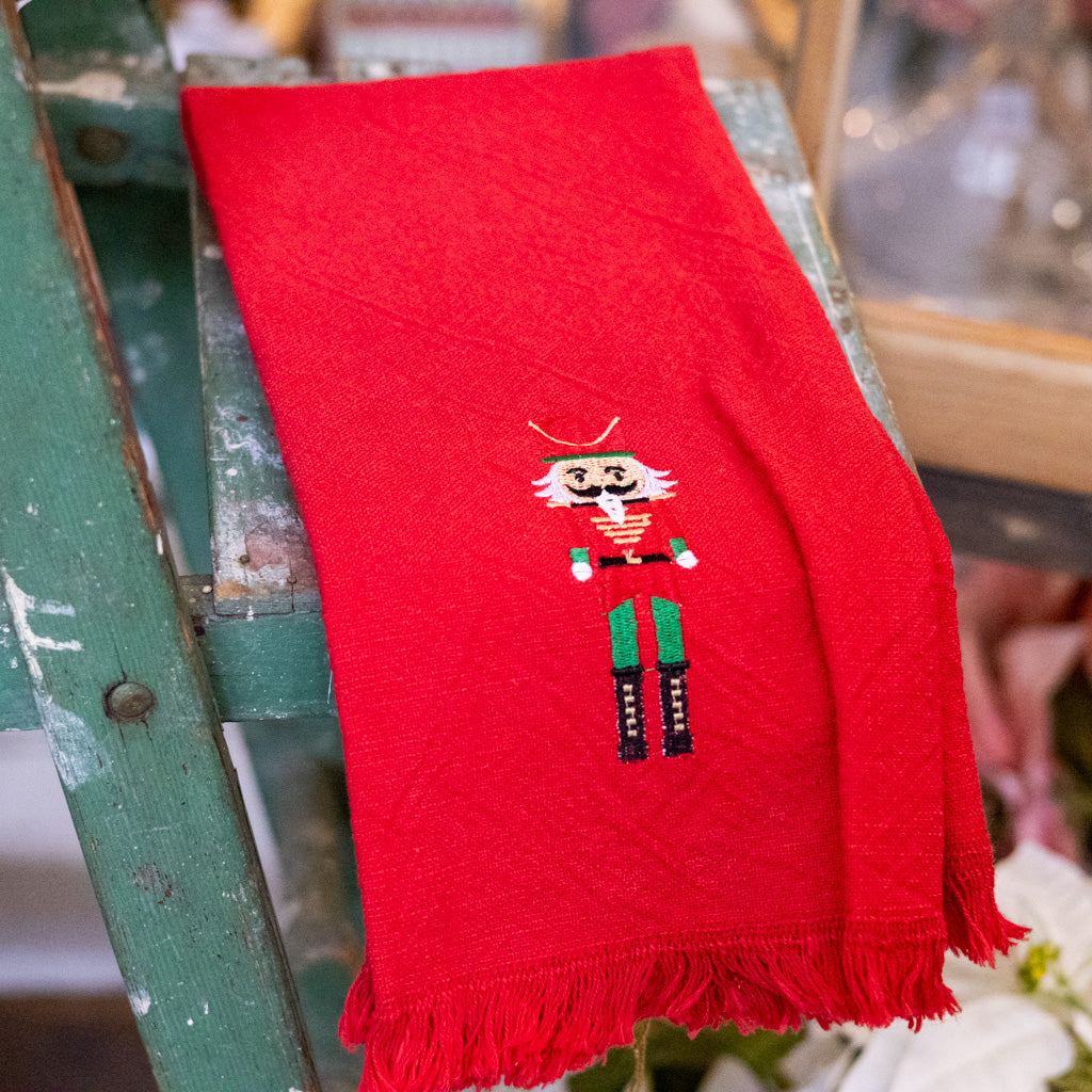 Embroidered Nutcracker on Red Cotton Towel