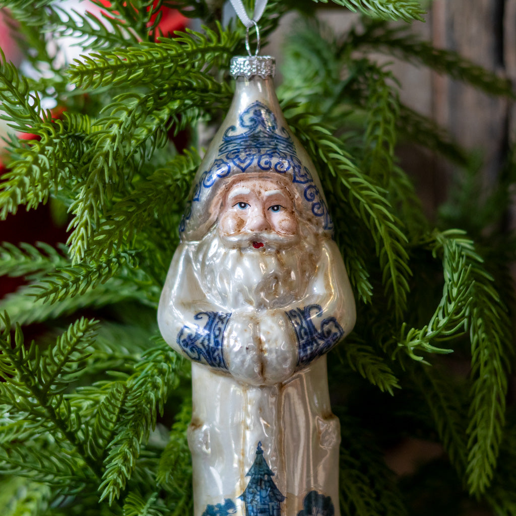 Glass Santa Cream and Blue Ornament
