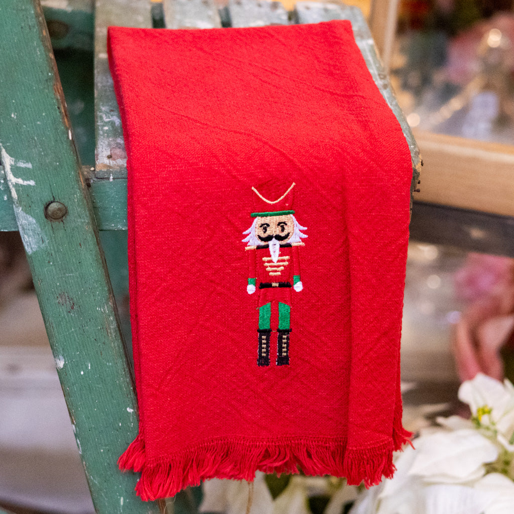 Embroidered Nutcracker on Red Cotton Towel