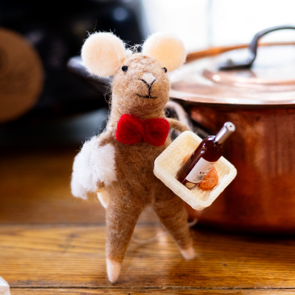 Felt Waiter Mouse with Red Bowtie Holding Wine Tray