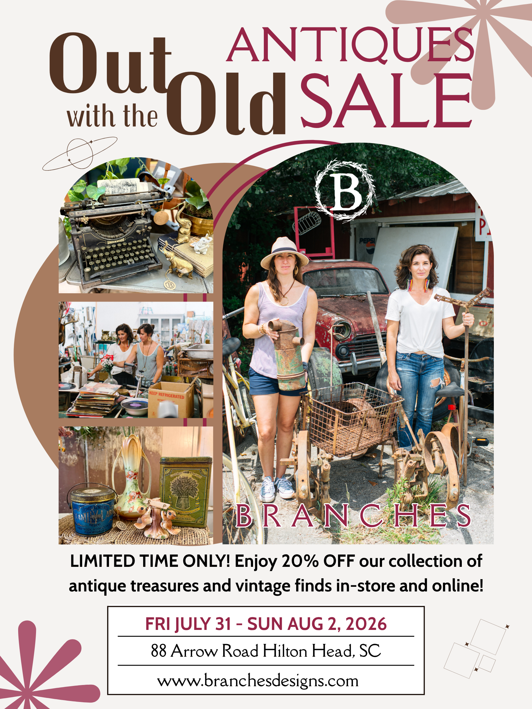 Promotional flyer for an antique sale featuring the text 'Out with the Old Antiques with the Old SALE' and 'BRANCHES' over a collage of vintage items, including a typewriter, antique furniture, clothing, and a woman holding a basket in front of a car.