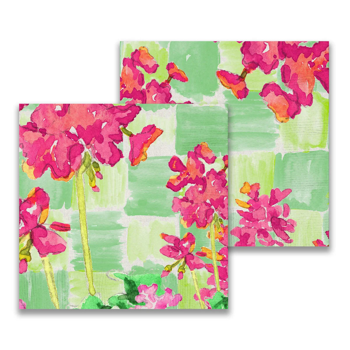 Paper Cocktail Napkins Pink Geraniums with Green Checks
