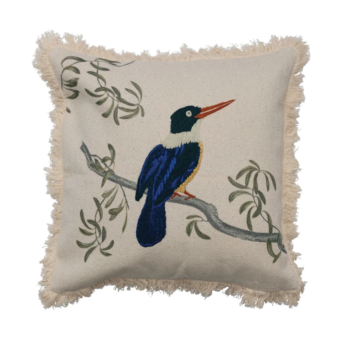 Cotton Printed Pillow with Blue Bird on Branch with Embroidery and Fringe