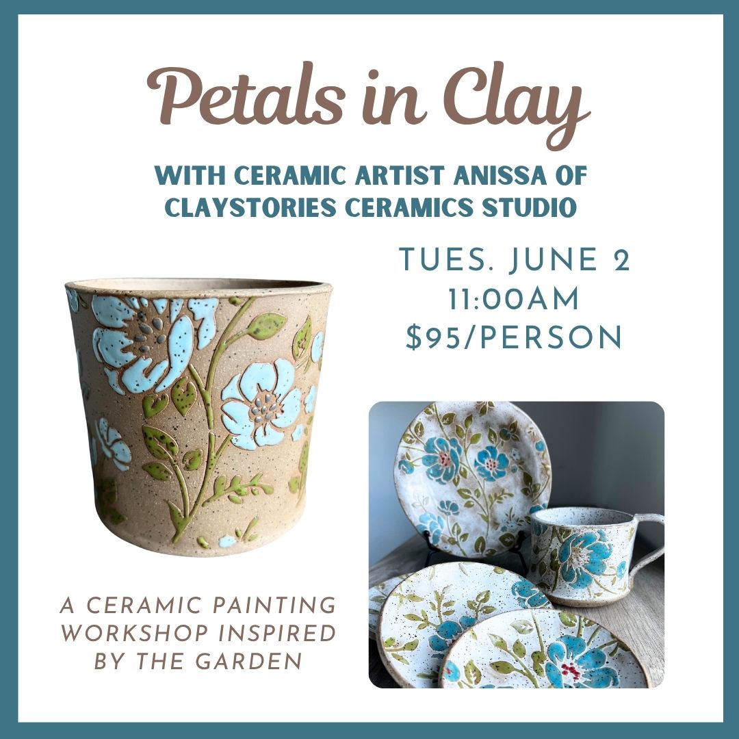 Advertisement for a ceramic painting workshop with floral designs on ceramic items in Hilton Head Island, South Carolina