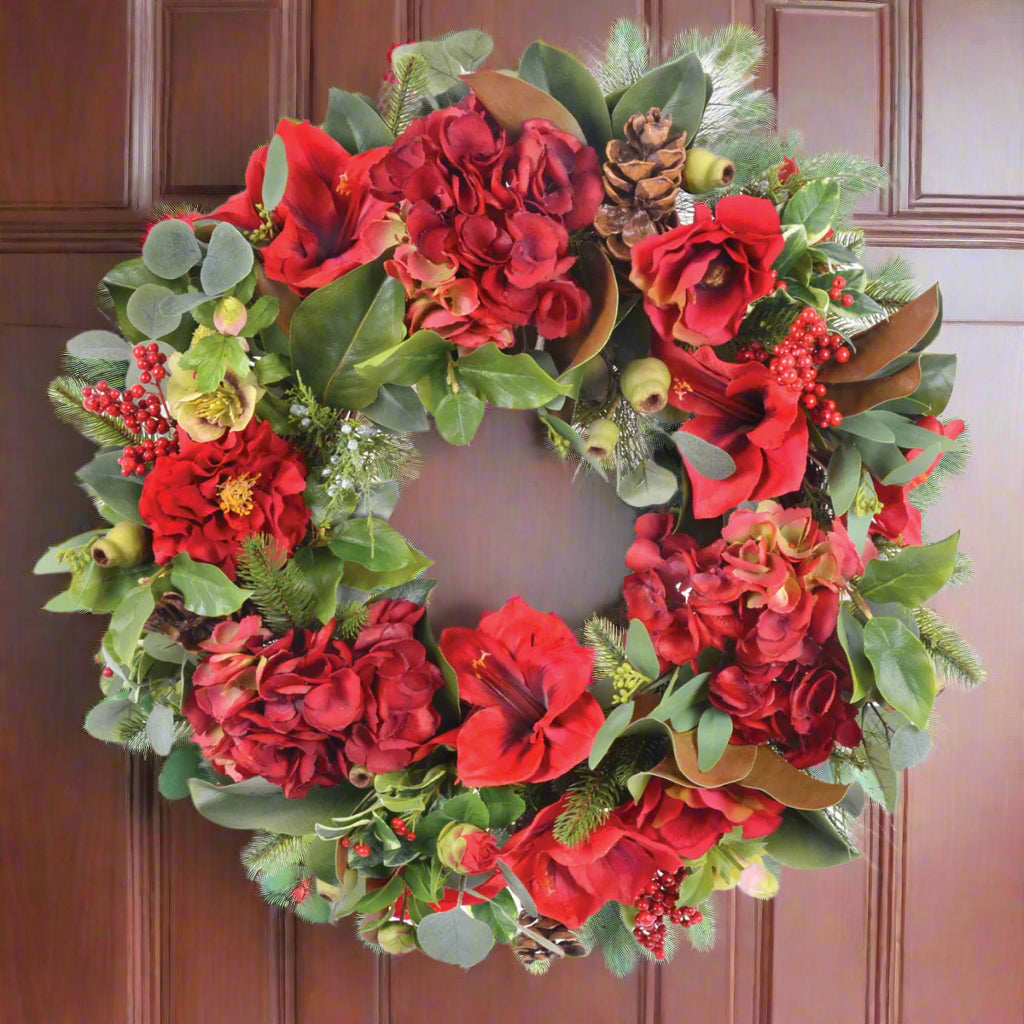 Red Amaryllis and Hydrangea Wreath