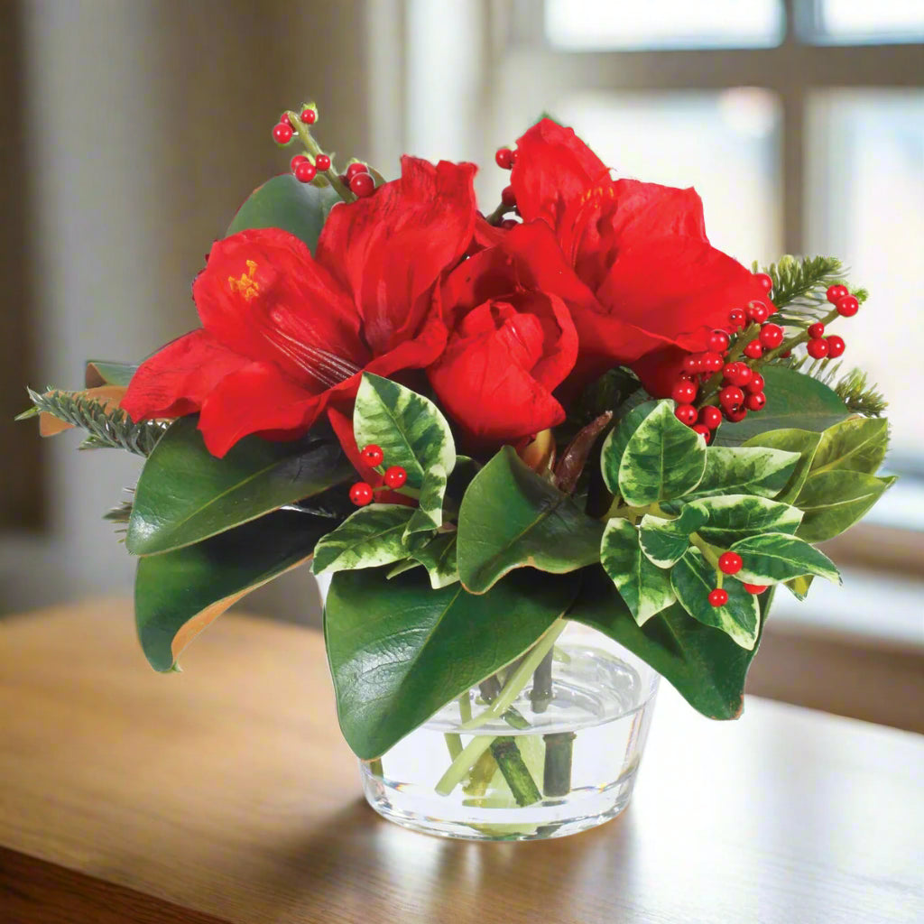 Red Holiday Amaryllis and Holly in Vase Petite