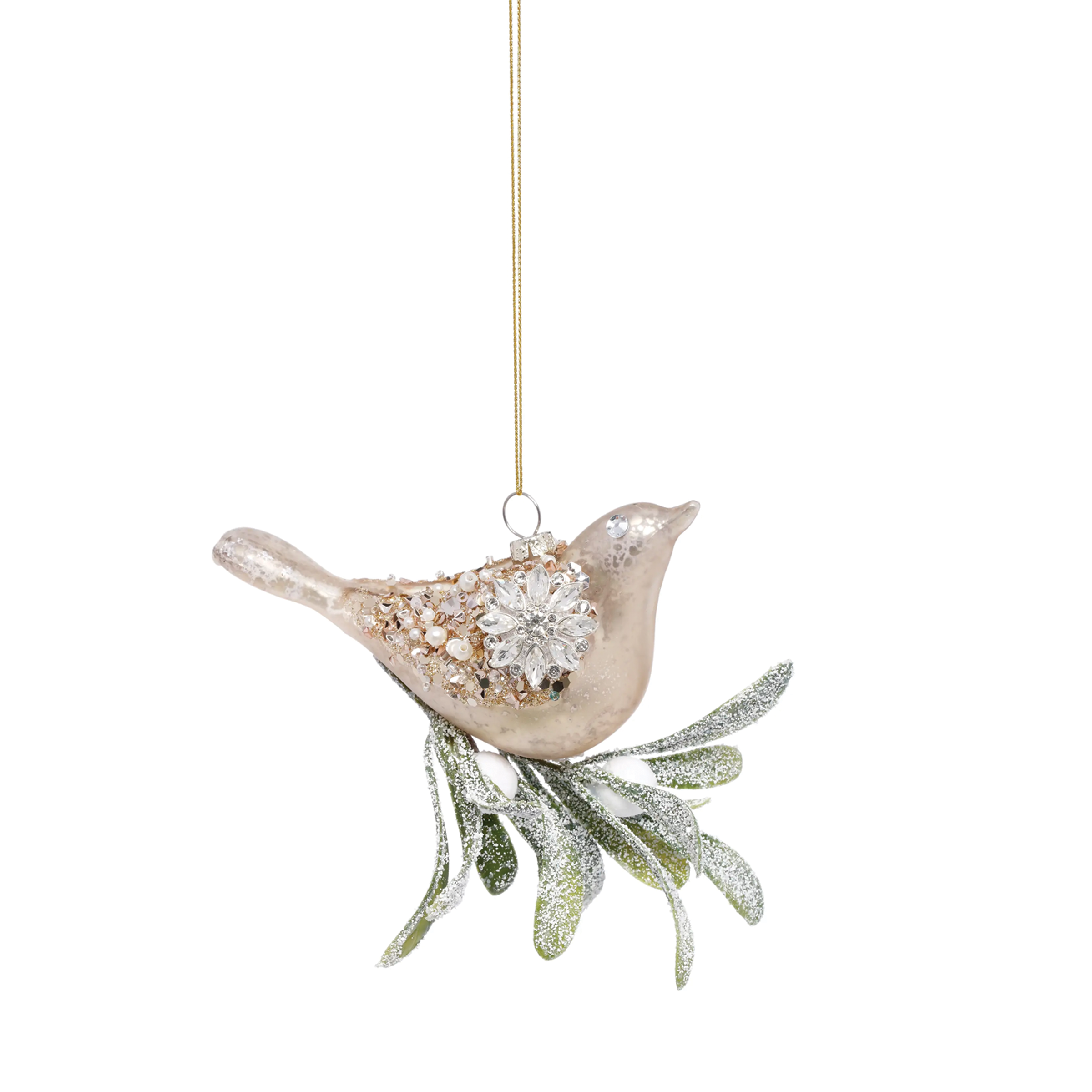 Glass Silver Sequin Bird with Mistletoe Ornament