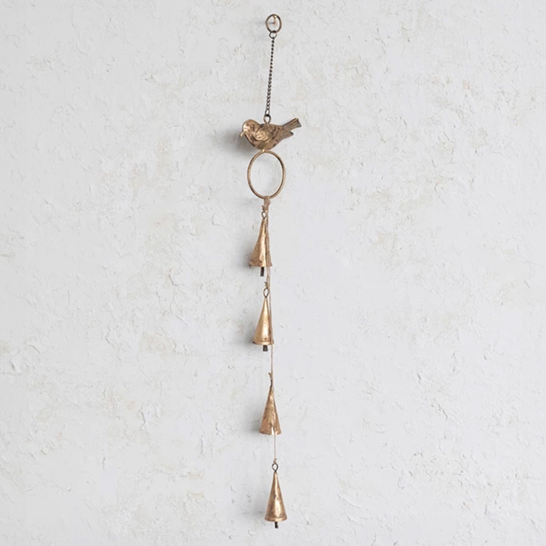 Hanging Gold Metal Bells Wind Chime with Bird on Chain Brass Finish