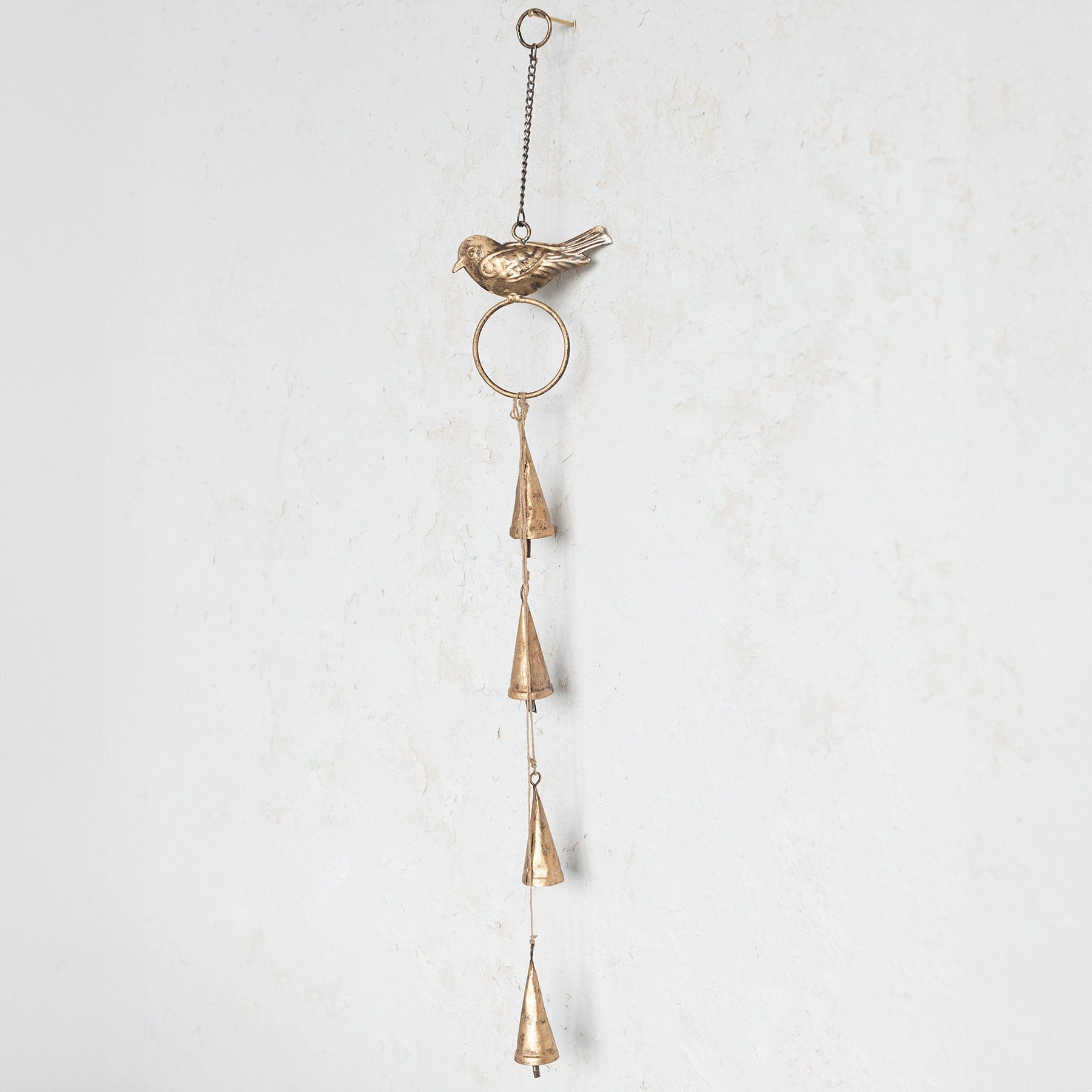 Hanging Gold Metal Bells Wind Chime with Bird on Chain Brass Finish