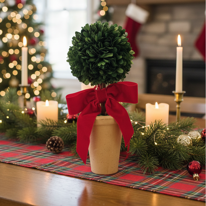 Dried Boxwood Tree with Red Bow in Terracotta Pot